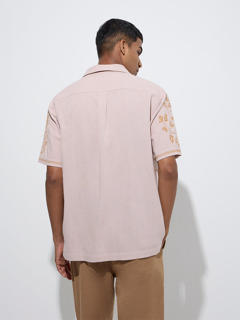 Westside ETA Men's Dusty Pink Embroidered Relaxed-Fit Cotton Shirt for Casual Wear Back View