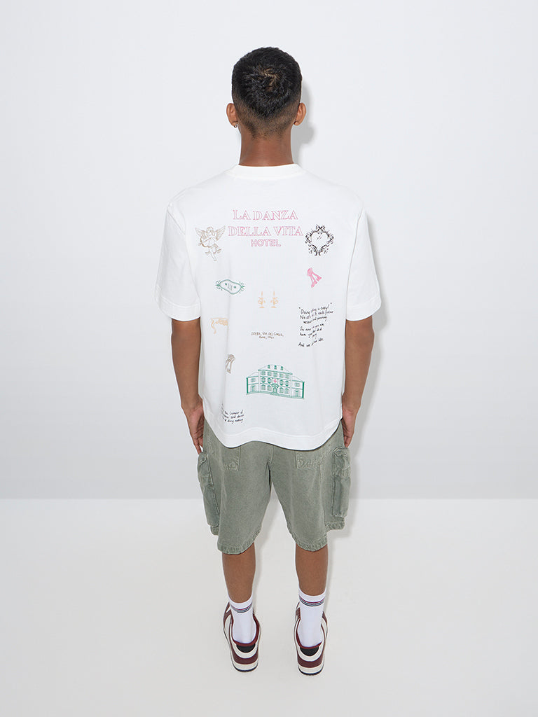Nuon White Printed Relaxed-Fit Cotton T-Shirt