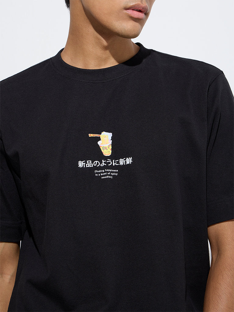 Westside Nuon Men's Black Text Pattern Relaxed-Fit Cotton T-Shirt for Casual Wear Zoom View