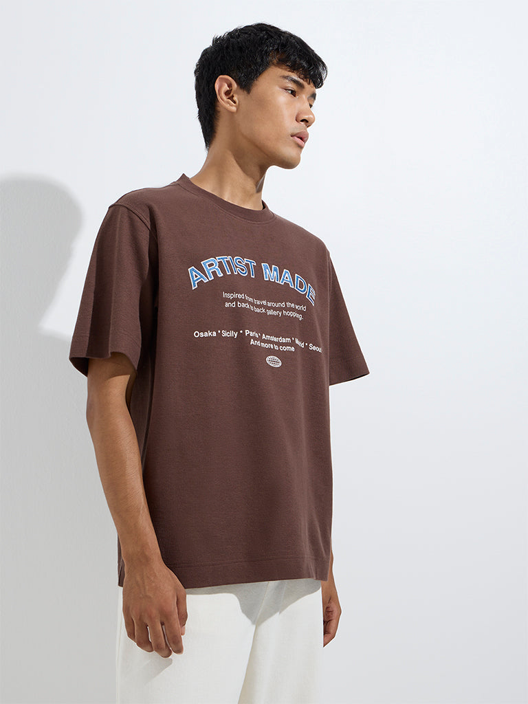 Westside Nuon Men's Brown Text Pattern Relaxed-Fit Cotton T-Shirt for Casual Wear Front View