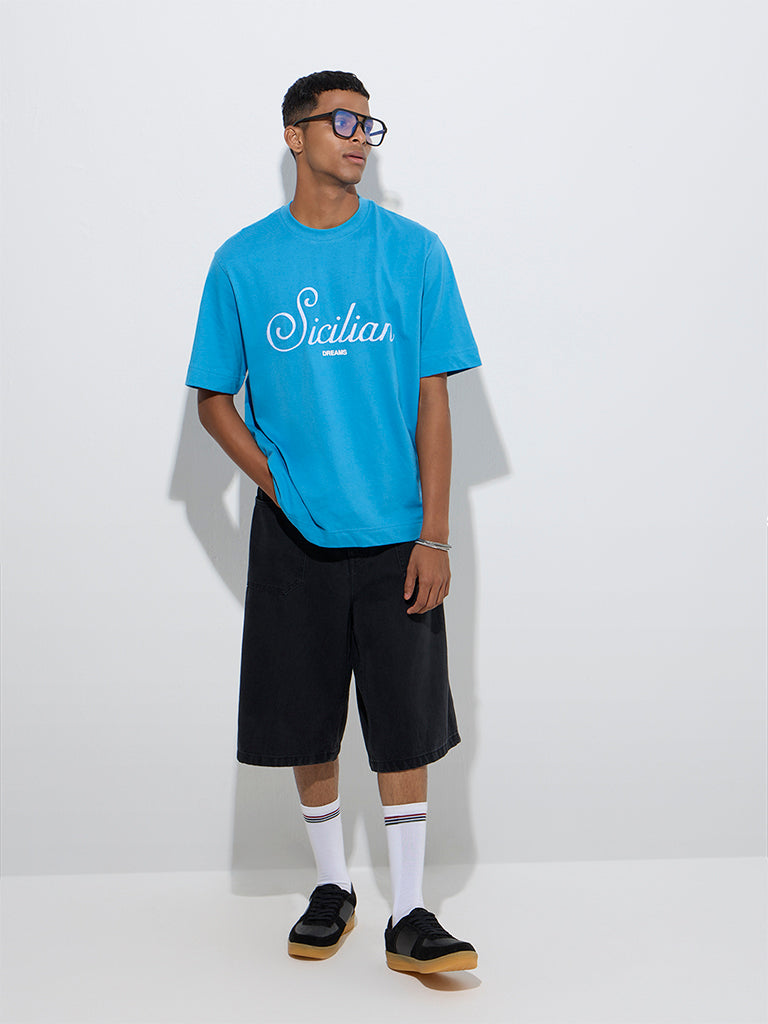Westside Nuon Men's Blue Text Design Relaxed-Fit Cotton T-Shirt for Casual Wear Full Model View