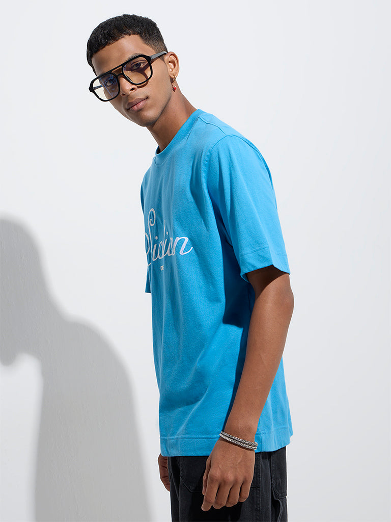 Westside Nuon Men's Blue Text Design Relaxed-Fit Cotton T-Shirt for Casual Wear Front View