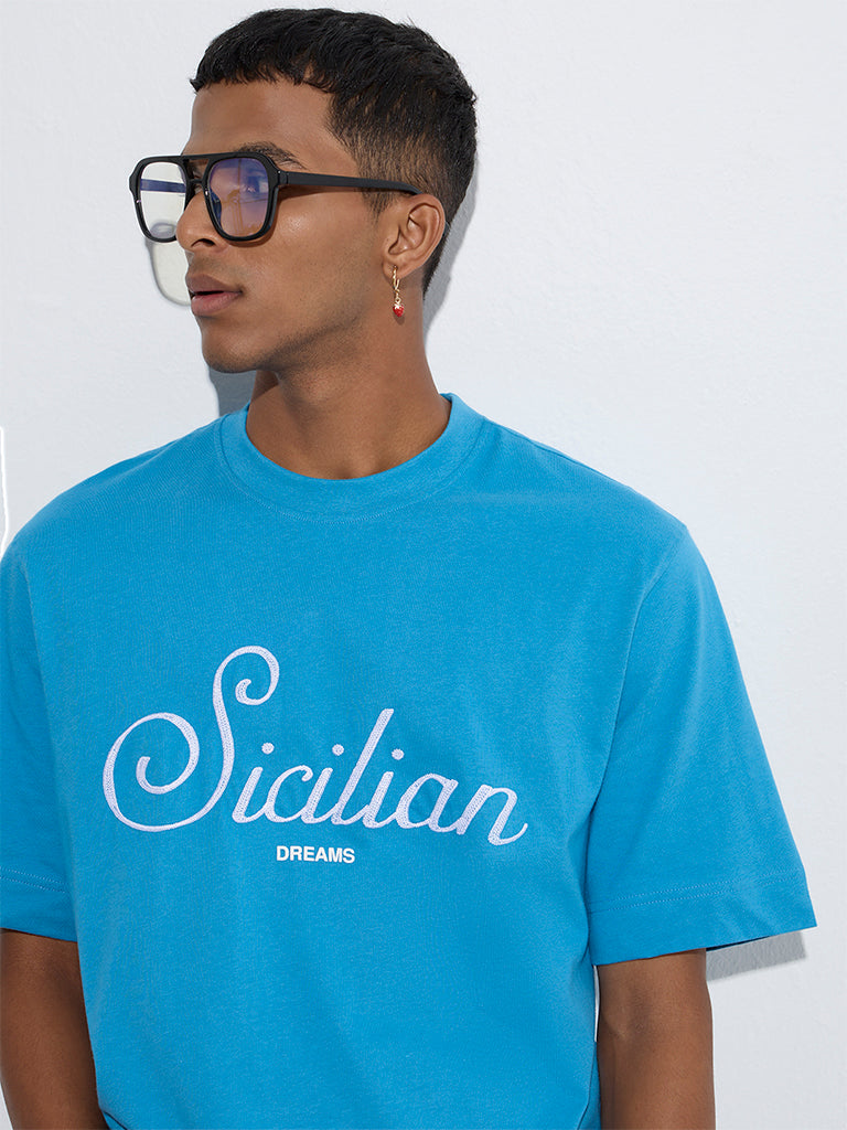 Westside Nuon Men's Blue Text Design Relaxed-Fit Cotton T-Shirt for Casual Wear Zoom View