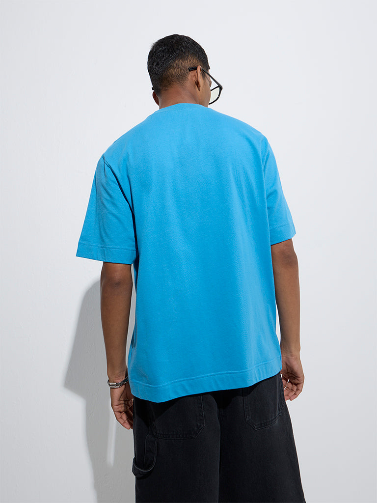 Westside Nuon Men's Blue Text Design Relaxed-Fit Cotton T-Shirt for Casual Wear Back View