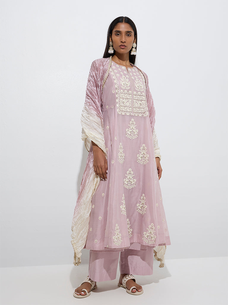 Westside Vark Women's Lilac Cotton-Blend A-Line Ethnic Set for Festive Wear Front View