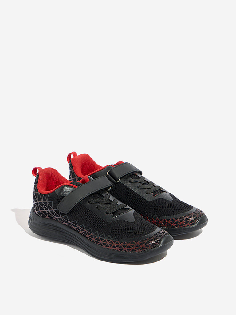 Westside Yellow Kids Black Mesh Buckle-Detailed Lace-Up Sneakers Front View