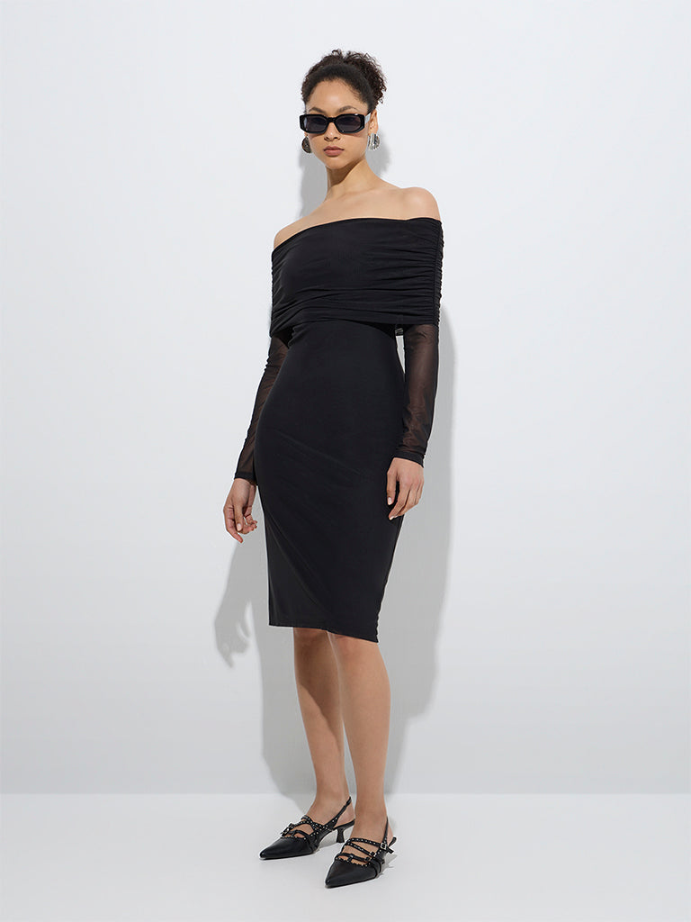 Westside Wardrobe Women's Black Mesh Off-Shoulder Dress for Work Wear Front View