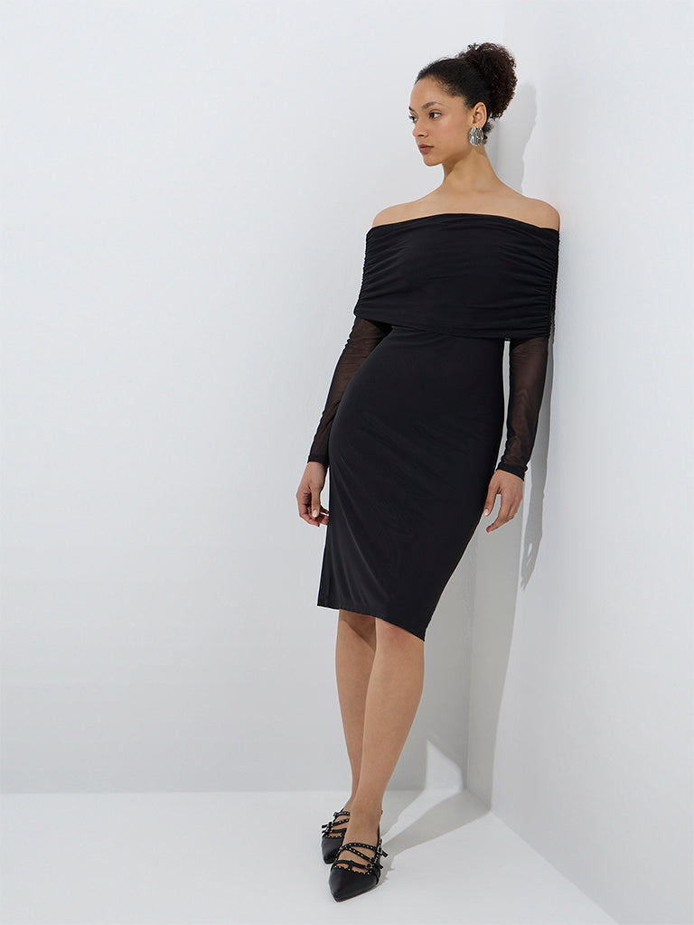 Westside Wardrobe Women's Black Mesh Off-Shoulder Dress for Work Wear Full Model View