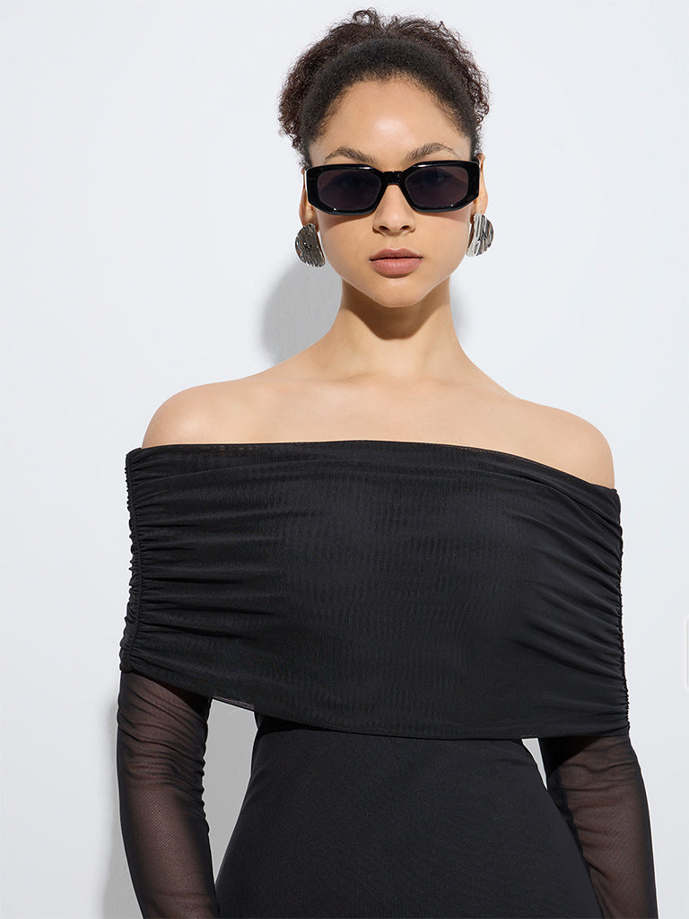 Westside Wardrobe Women's Black Mesh Off-Shoulder Dress for Work Wear Zoom View