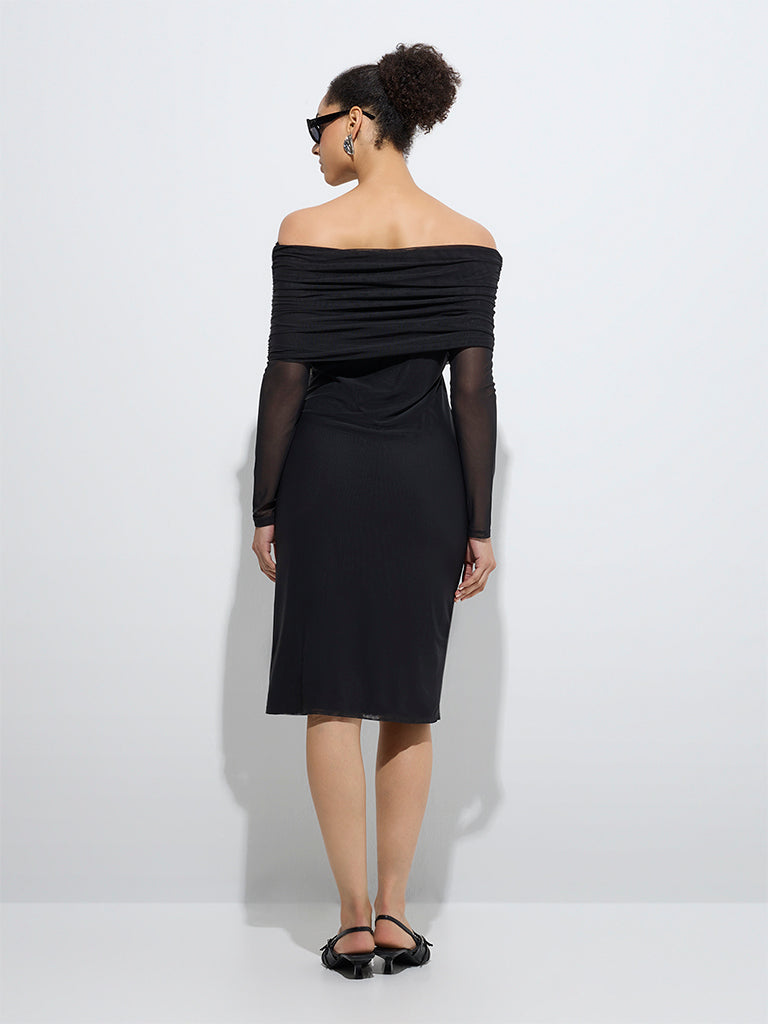 Westside Wardrobe Women's Black Mesh Off-Shoulder Dress for Work Wear Back View