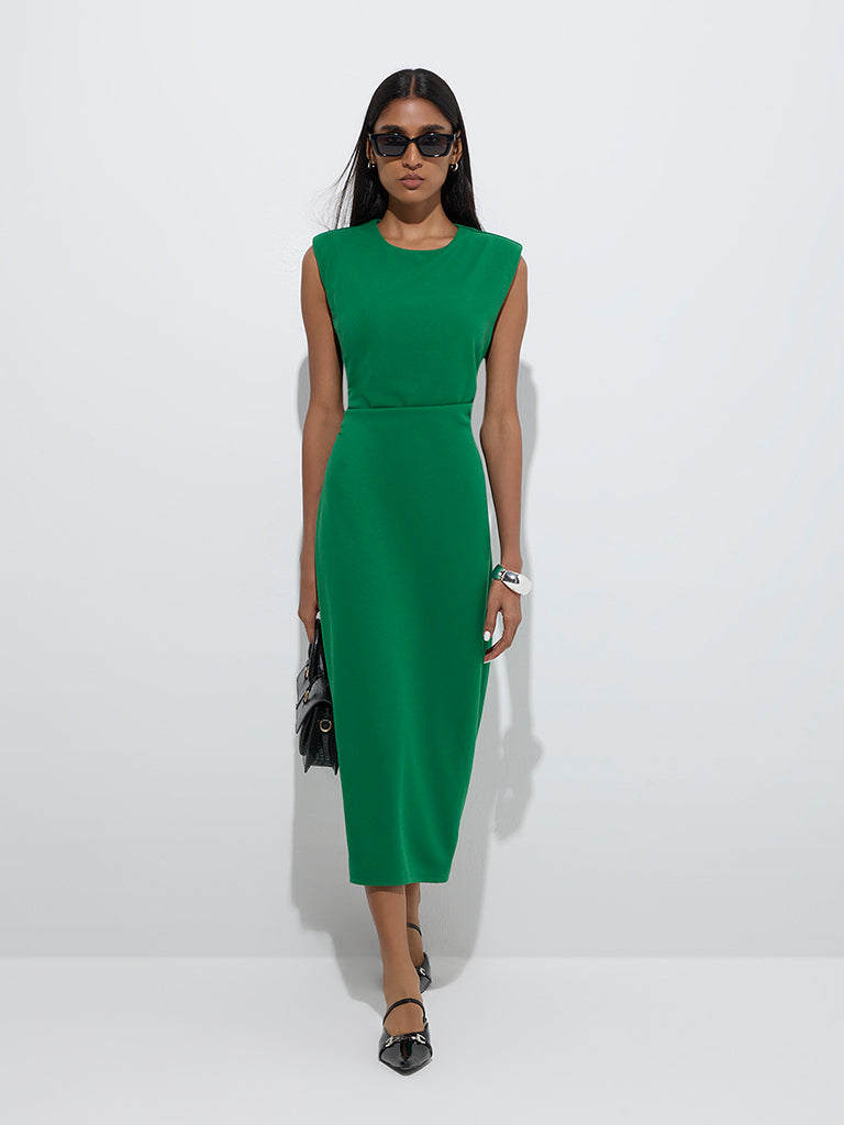 Westside Wardrobe Women's Green Solid Straight Dress for Work Wear Front View