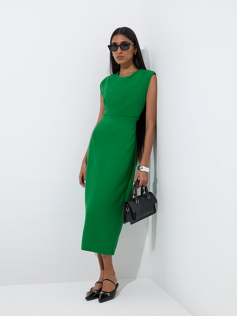 Westside Wardrobe Women's Green Solid Straight Dress for Work Wear Full Model View