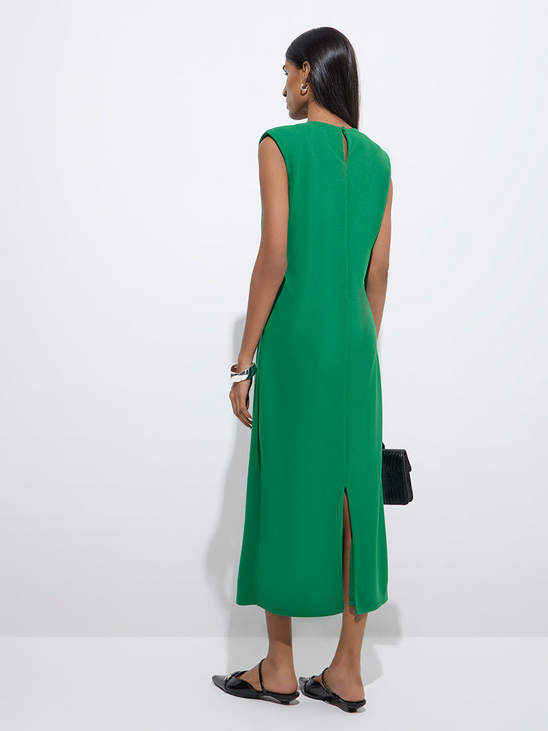 Westside Wardrobe Women's Green Solid Straight Dress for Work Wear Back View