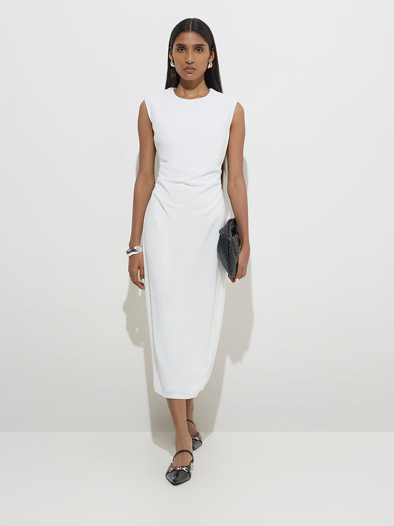 Westside Wardrobe Women's White Ruched-Detailed Straight Dress for Work Wear Full Model View