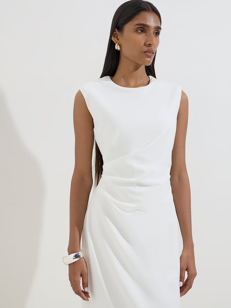 Westside Wardrobe Women's White Ruched-Detailed Straight Dress for Work Wear Zoom View
