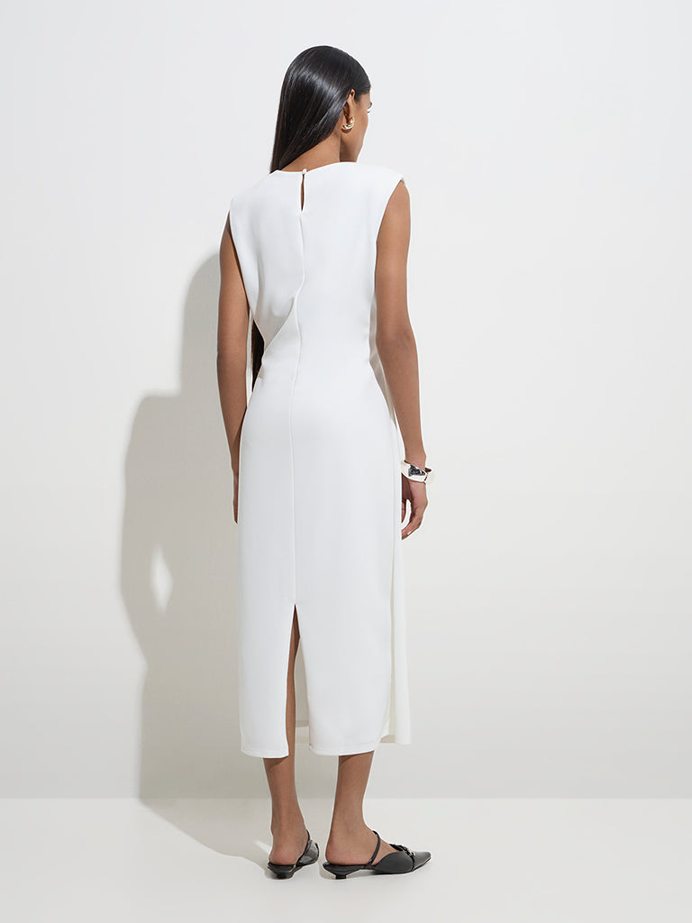 Westside Wardrobe Women's White Ruched-Detailed Straight Dress for Work Wear Back View