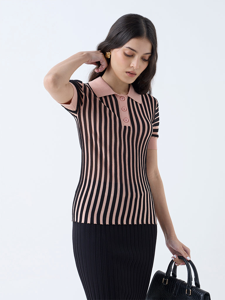 Wardrobe Dusty Pink Striped Polo T-Shirt