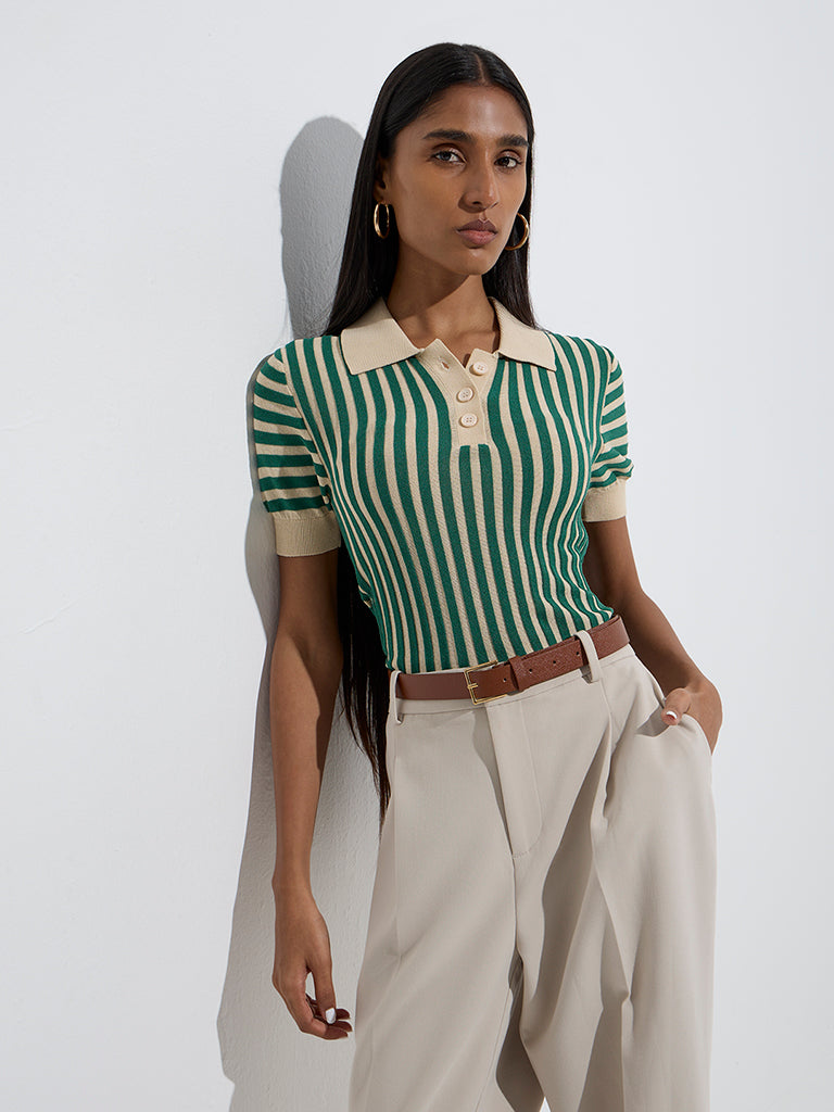 Westside Wardrobe Women's Green Stripe Polo T-Shirt for Work Wear Front View