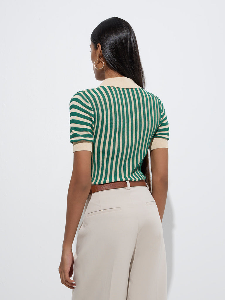 Westside Wardrobe Women's Green Stripe Polo T-Shirt for Work Wear Back View