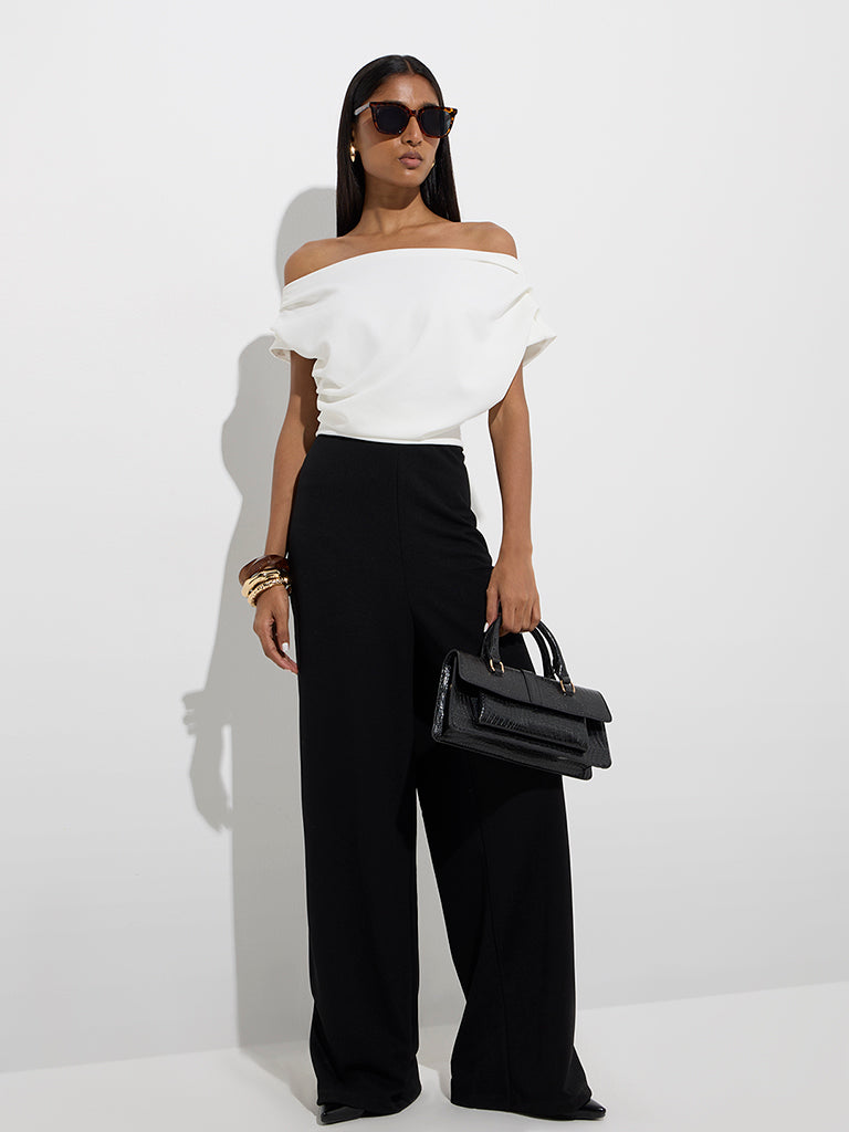 Westside Wardrobe Women's White Colour-Blocked Off-Shoulder Jumpsuit for Work Wear Front View
