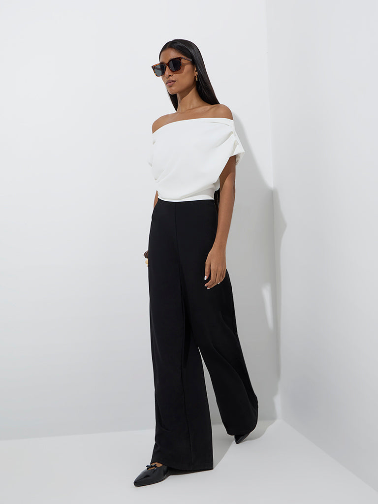Westside Wardrobe Women's White Colour-Blocked Off-Shoulder Jumpsuit for Work Wear Full Model View