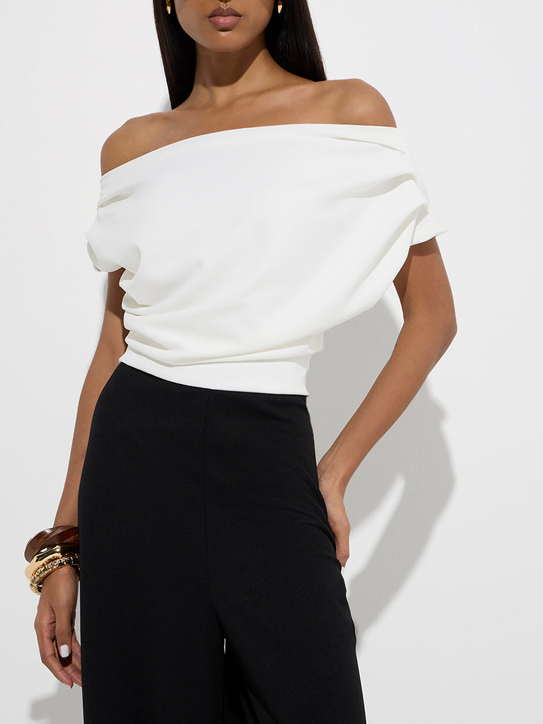 Westside Wardrobe Women's White Colour-Blocked Off-Shoulder Jumpsuit for Work Wear Zoom View