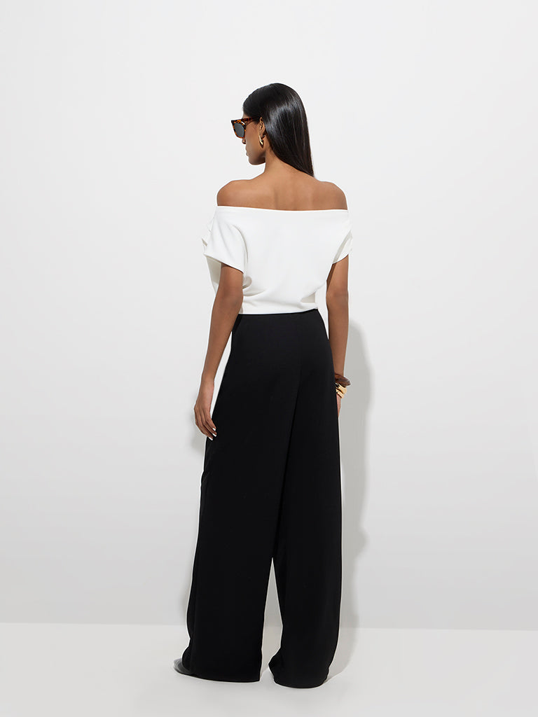 Westside Wardrobe Women's White Colour-Blocked Off-Shoulder Jumpsuit for Work Wear Back View