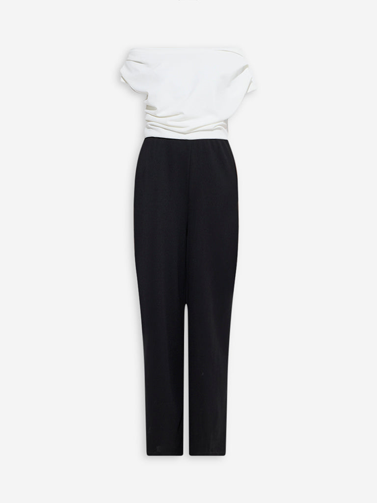 Westside Wardrobe Women's White Colour-Blocked Off-Shoulder Jumpsuit for Work Wear Flatly View