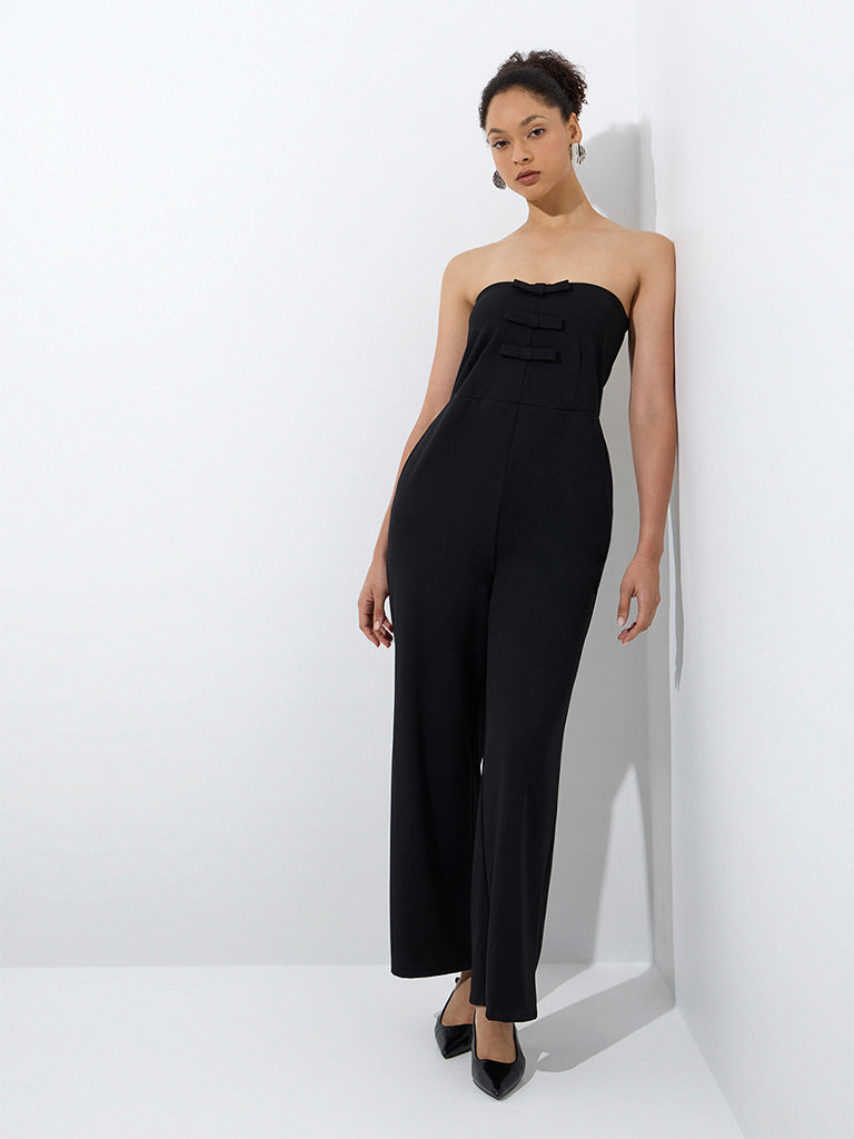 Westside Wardrobe Women's Black Bow-Detailed Jumpsuit for Work Wear Full Model View