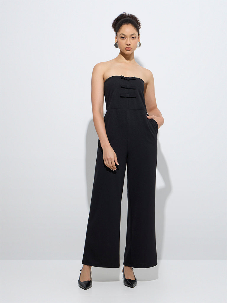 Westside Wardrobe Women's Black Bow-Detailed Jumpsuit for Work Wear Front View