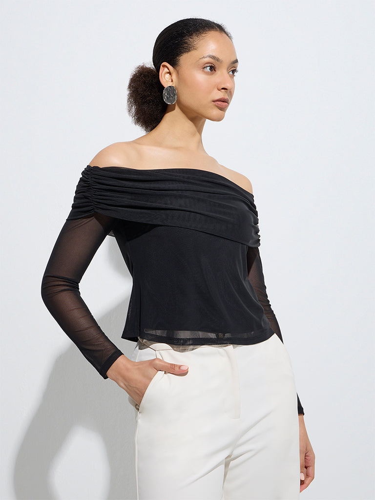 Westside Wardrobe Women's Black Mesh Detailed Off-Shoulder Top for Work Wear Front View