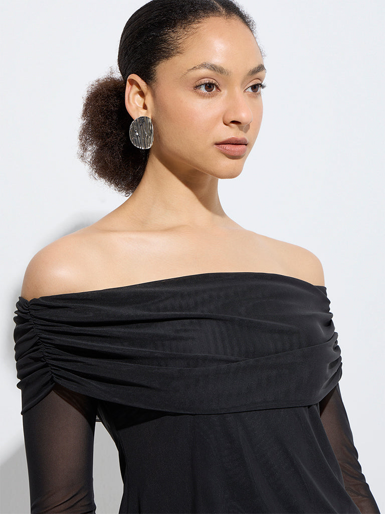 Westside Wardrobe Women's Black Mesh Detailed Off-Shoulder Top for Work Wear Zoom View