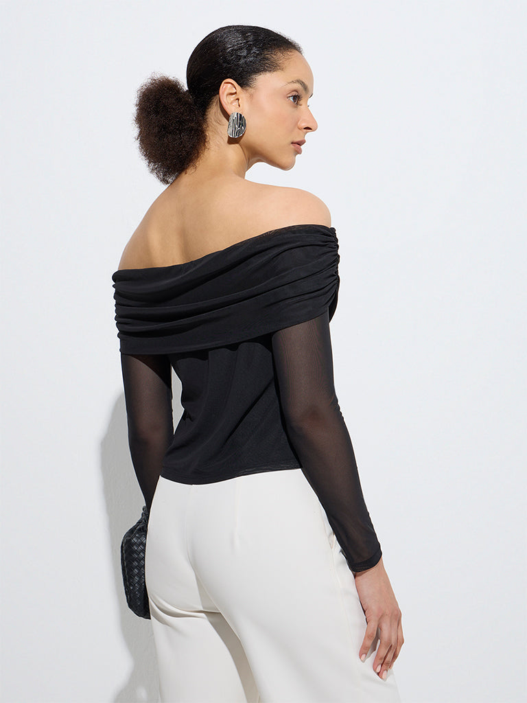 Westside Wardrobe Women's Black Mesh Detailed Off-Shoulder Top for Work Wear Back View