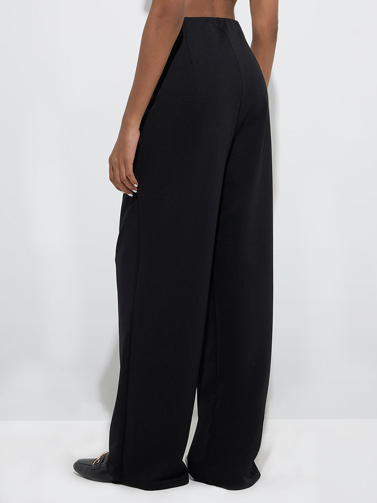 Westside Wardrobe Women's Black Solid High-Rise Trousers for Work Wear Back View