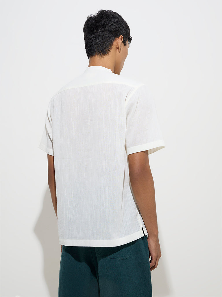 westisde ETA Men's White Crinkle-Textured Relaxed-Fit Cotton Shirt for Casual Wear Back View