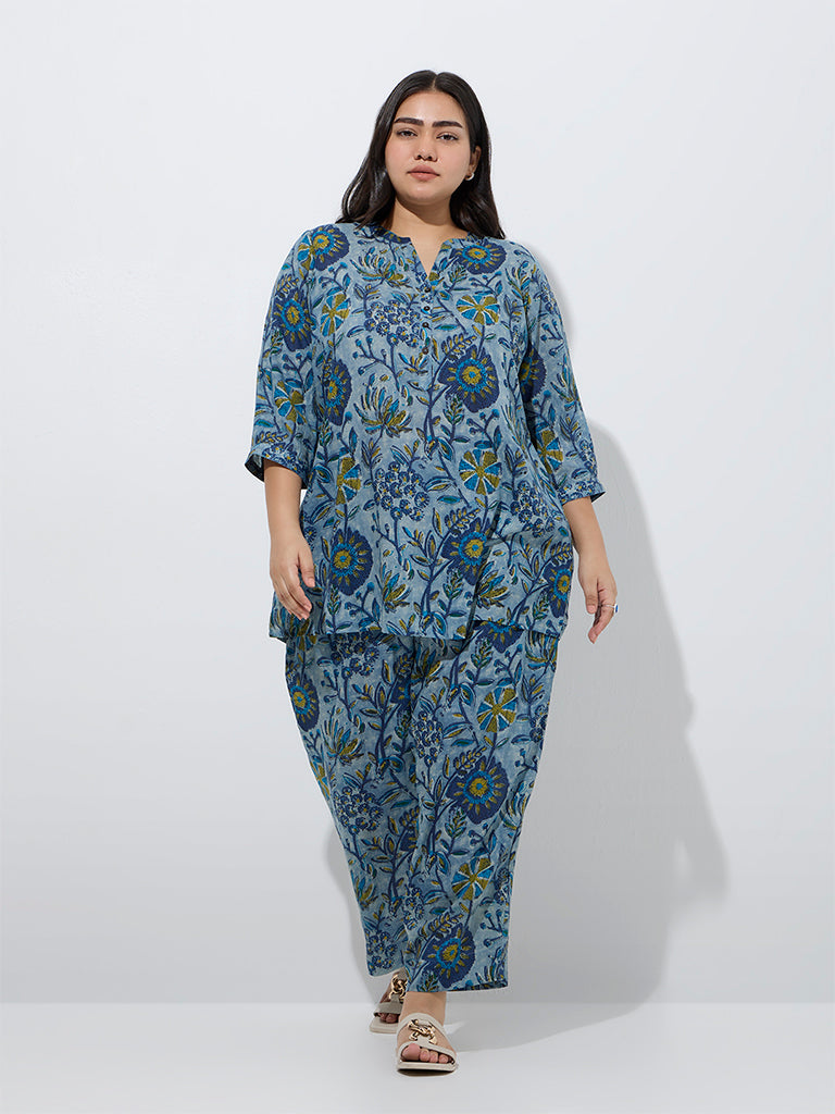 westisde Diza Women's Indigo Foliage Printed Ethnic Tunic for Work Wear Full Model View
