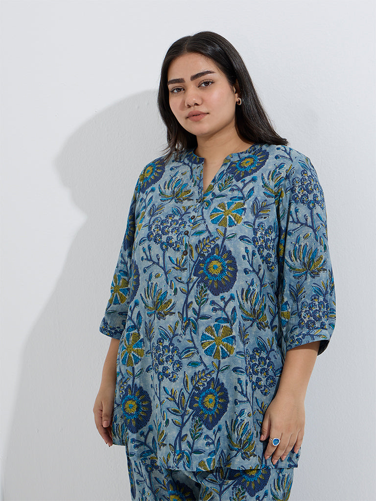 westisde Diza Women's Indigo Foliage Printed Ethnic Tunic for Work Wear Front View