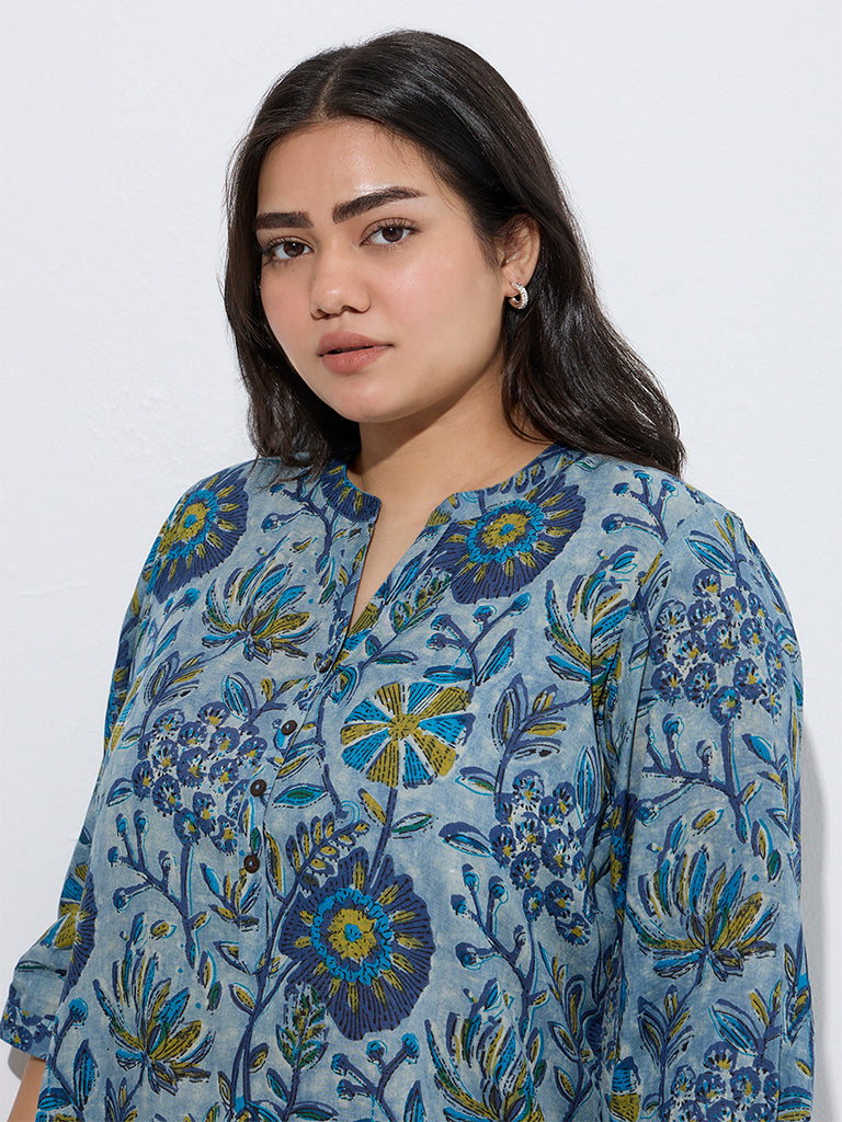 westisde Diza Women's Indigo Foliage Printed Ethnic Tunic for Work Wear Zoom View