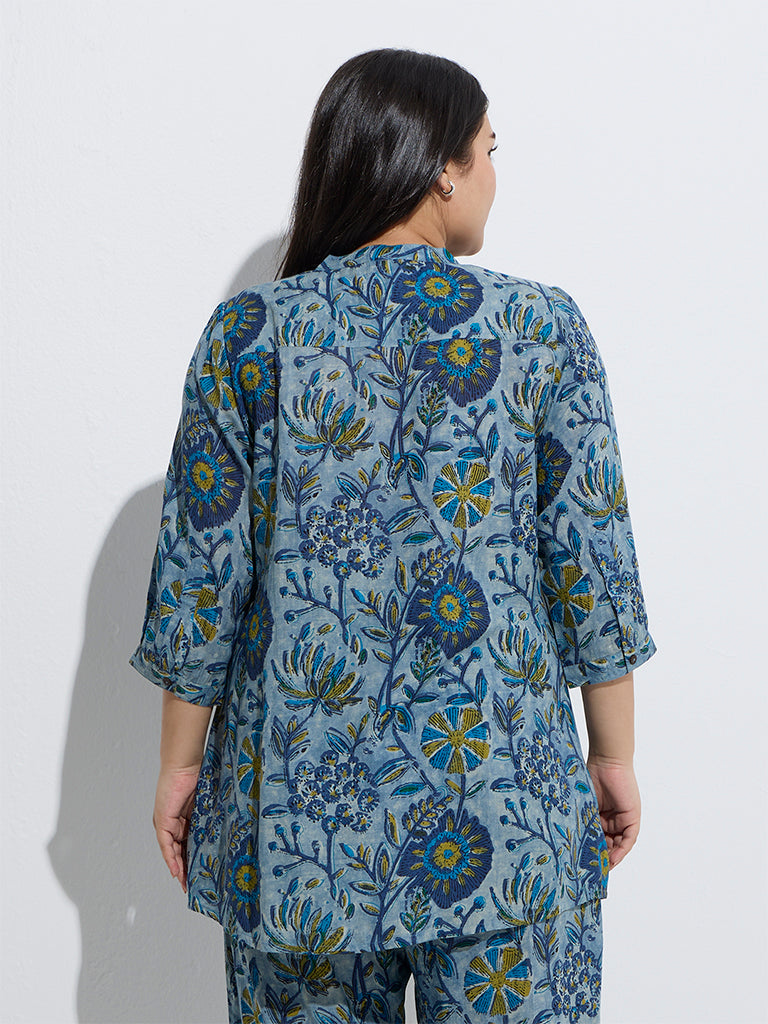 westisde Diza Women's Indigo Foliage Printed Ethnic Tunic for Work Wear Back View