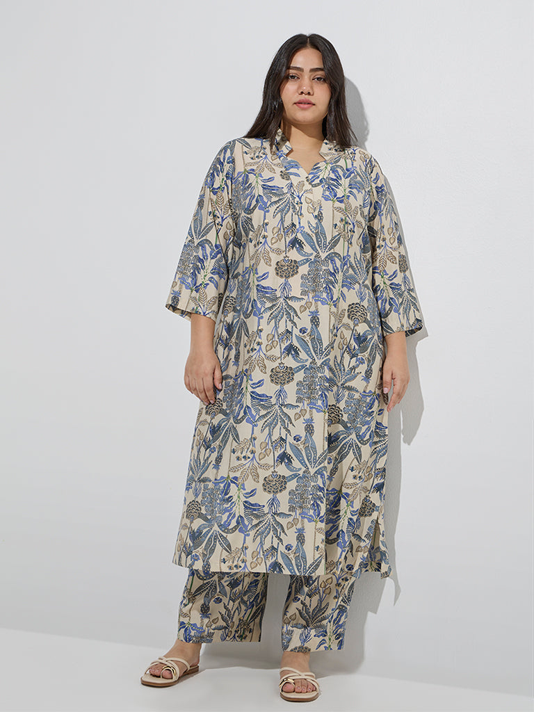 Westside Diza Women's Beige Botanical-Inspired A-Line Kurta for Work Wear Front View