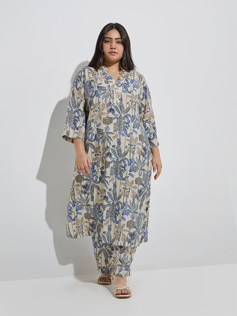 Westside Diza Women's Beige Botanical-Inspired A-Line Kurta for Work Wear Full Model View
