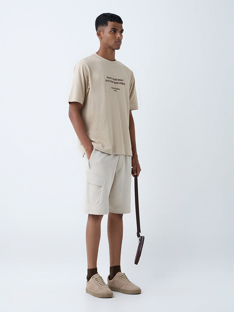 Studiofit Beige Text Printed Relaxed-Fit Cotton T-Shirt
