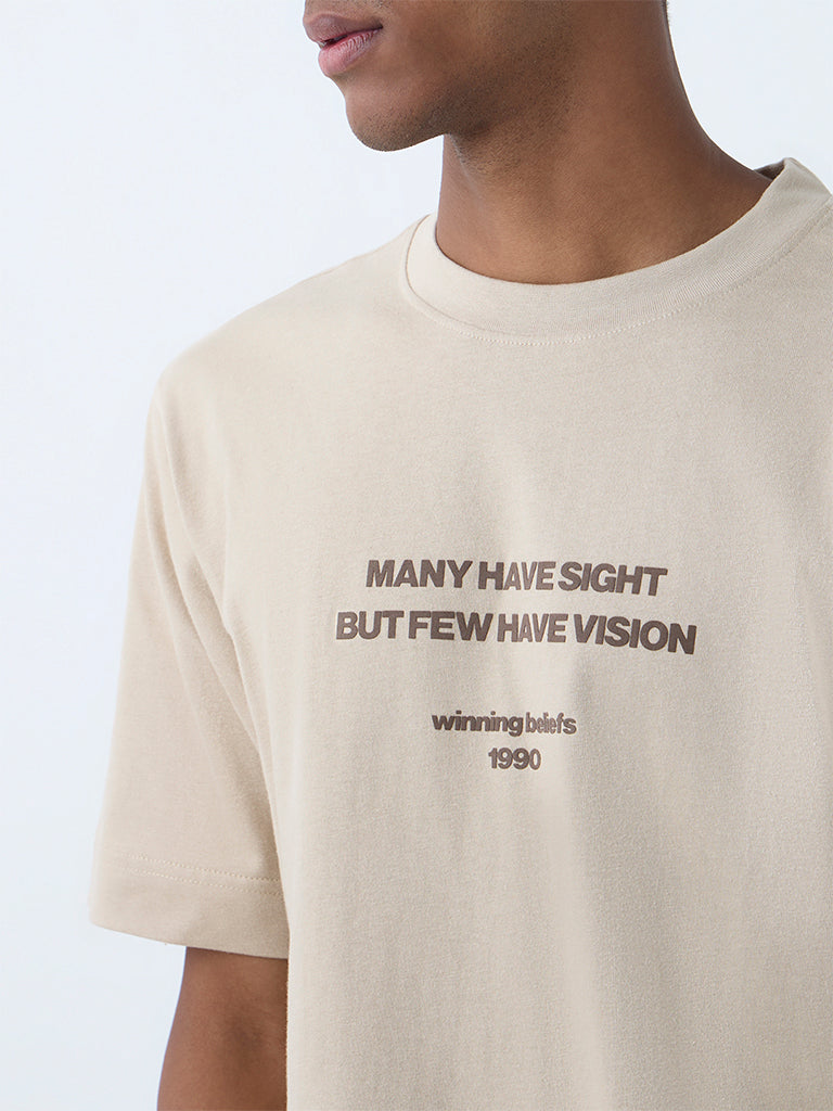 Studiofit Beige Text Printed Relaxed-Fit Cotton T-Shirt