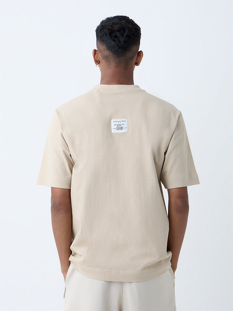Studiofit Beige Text Printed Relaxed-Fit Cotton T-Shirt