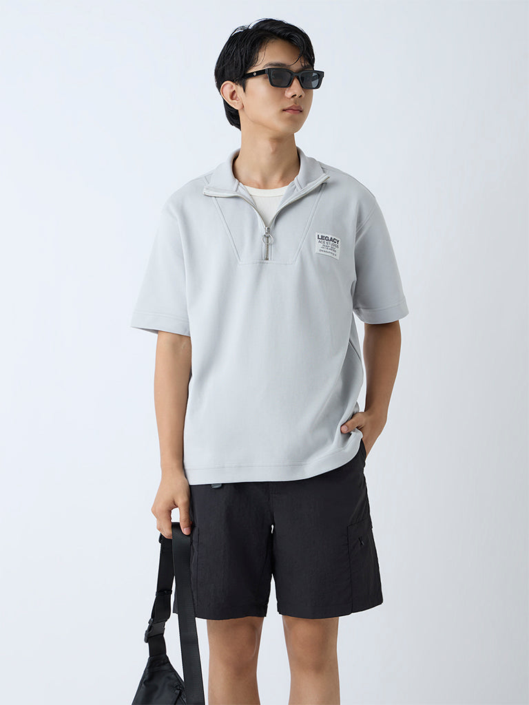 Studiofit Light Grey Relaxed-Fit Quarter-Zip T-Shirt