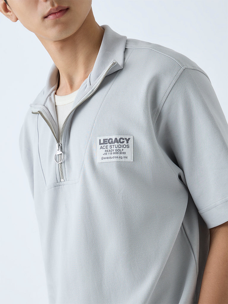 Studiofit Light Grey Relaxed-Fit Quarter-Zip T-Shirt