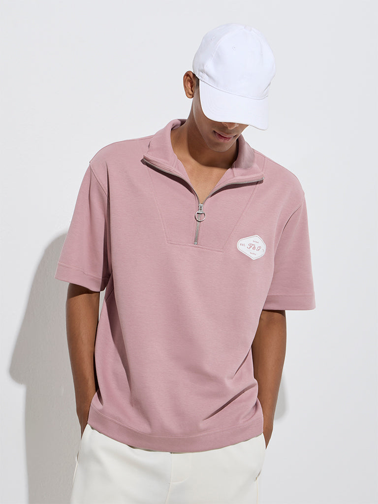 Studiofit Dusty Pink Relaxed-Fit Quarter-Zip T-Shirt