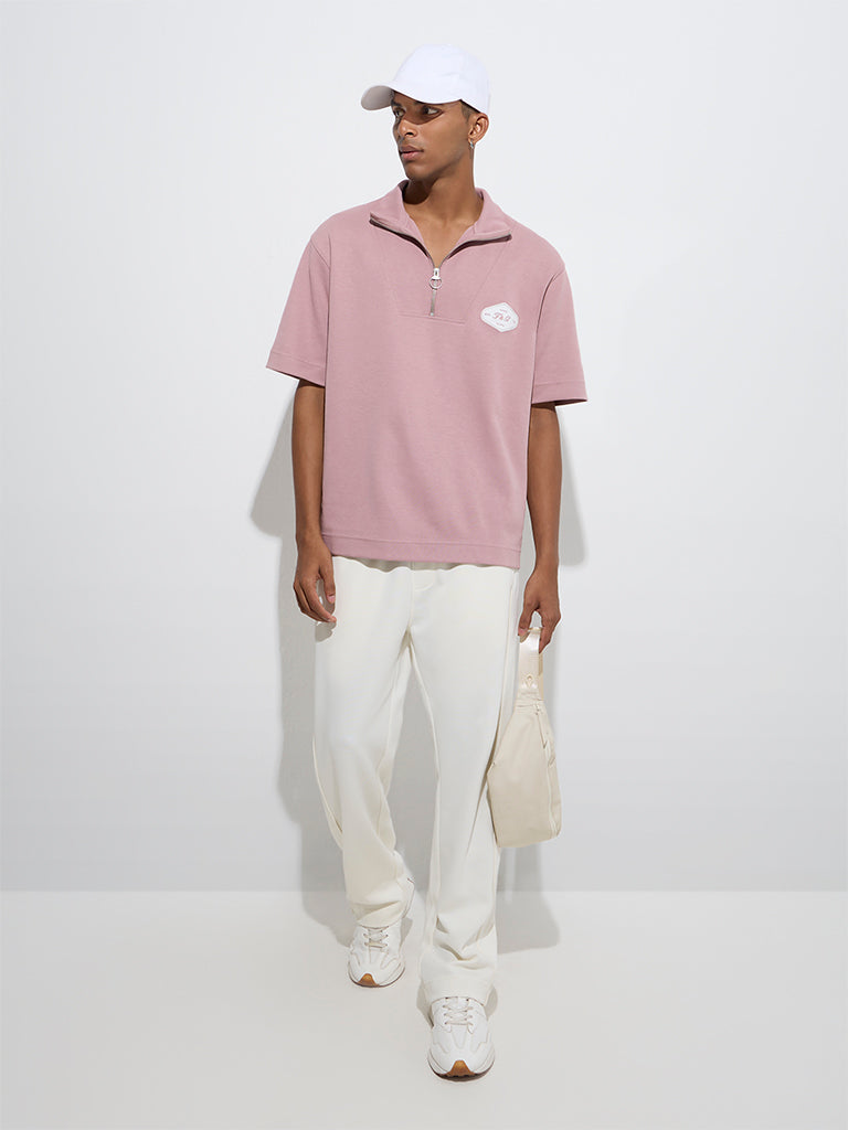 Studiofit Dusty Pink Relaxed-Fit Quarter-Zip T-Shirt