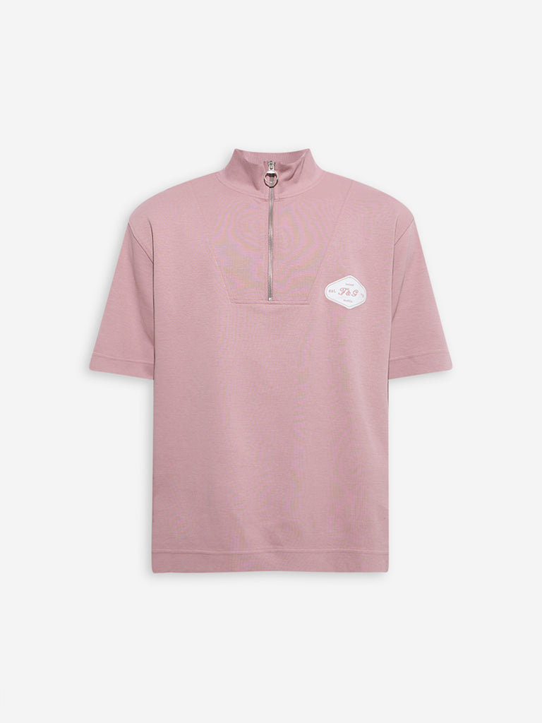 Westside Studiofit Men's Dusty Pink Relaxed-Fit Quarter-Zip T-Shirt for Sports Wear Flatlay