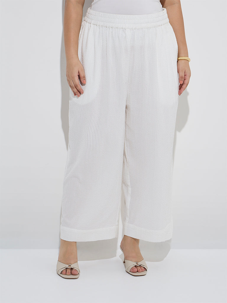 Diza White Seersucker Striped Cotton Ethnic Pants